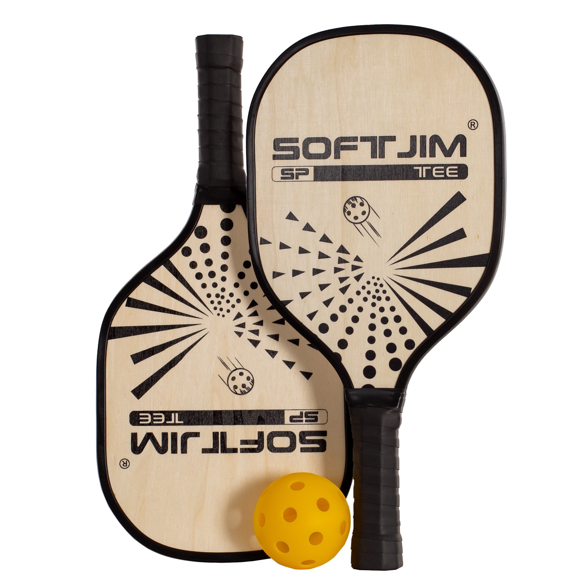 JUEGO DE 2 PALAS PICKLEBALL SOFTJIM MADERA CON PELOTA Y FUNDA